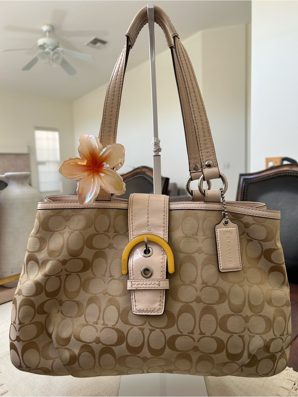 Coach Beige Signature Shoulder Bag with Yellow Accent